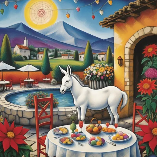 Prompt: (Marc Chagall-inspired surreal scene, primitive, Easter card, charming stone Mexican outdoor restaurant, white donkey wearing Easter bonnet. beautiful large pool, lake in background, tables with umbrellas, flowers on the tables,  sign that says YVES, walls adorned with painted flowers, tile roof, lovers floating in the whimsical sky, graceful wings, grass, surrounded by vibrant flowers around pool,  majestic avocado tree in front, enchanting magical, twinkling  lights, Mexican style, atmosphere, dreamy mountains in the background, swirly   sky, (vivid colors), (4K, ultra-detailed), (cubist, whimsical).