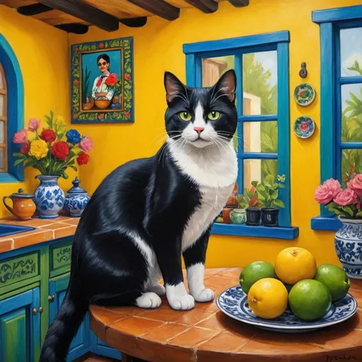 Prompt: Painting in Mexican style

Charming Mexican casita interior, bright yellow kitchen walls,  blue and green, cabinets, art on wall ,
talavera, fluffy tuxedo cat, dishes,windows, lace curtains, flowers, black, round table with floral pattern, Freida Kahlo portrait, painting





