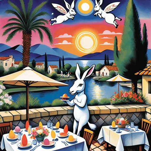 Prompt: Marc Chagall-inspired  Easter card, charming stone Mexican outdoor restaurant, white donkey with Easter bonnet , rabbit chef, beautiful large pool, lake in background, tables with umbrellas, palm and cypress 
trees with twinkling lights, evening sunset, dusk, flowers on the tables, walls adorned with painted flowers, tile roof, lovers floating in the whimsical sky, graceful wings, grass, surrounded by vibrant flowers pots around pool, enchanting magical, twinkling  lights, Mexican style, atmosphere, dreamy mountains in the background, swirly  sky,(4K, ultra-detailed), 