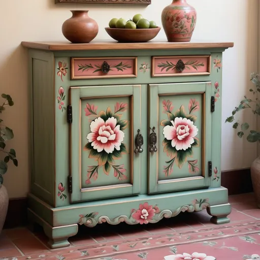 Prompt: Mexican painted chest, showcasing two upper drawers and two cabinet doors below, , celadon green doors adorned with intricate artisan elegant flowers, soft floral painting featuring soft deep rose, and white flowers, creating an inviting ambiance, highlighting artistic craftsmanship and elegant design, evoking a nostalgic feel, ultra-detailed, high quality, warmly-lit, rich textures, atmospheric, traditional yet refined elegance.