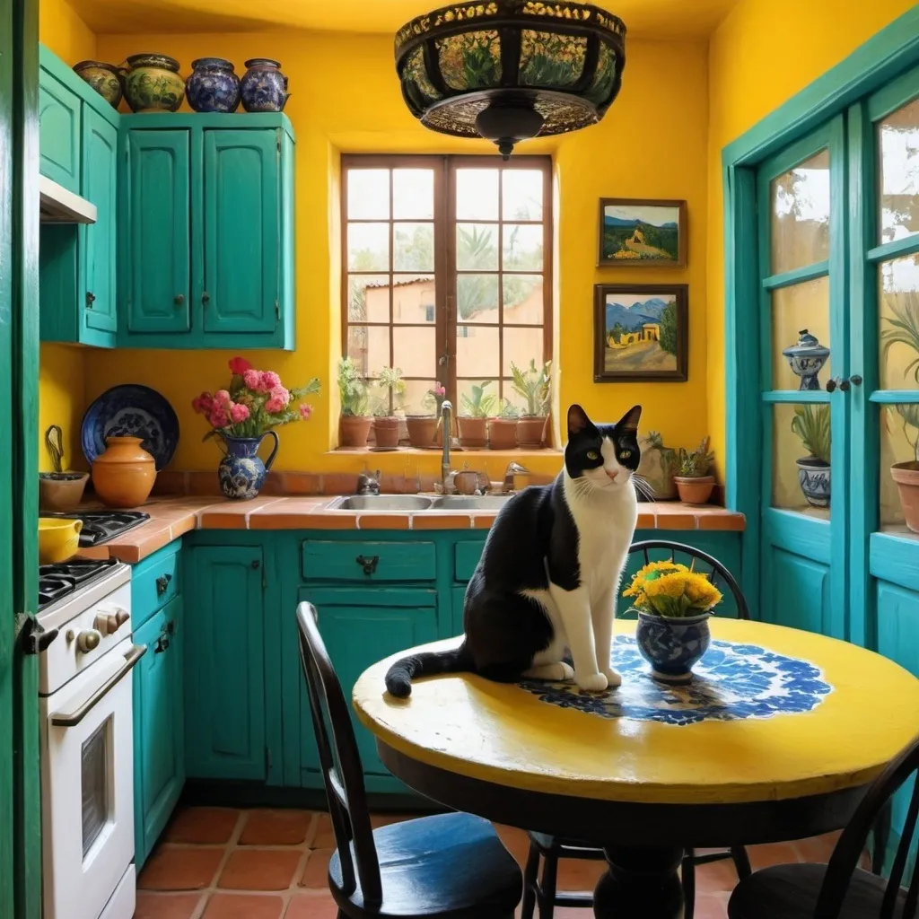 Prompt: In style of Van Gogh painting 
Charming Mexican casita interior, bright yellow kitchen walls,  blue and green, cabinets, art on wall ,
talavera, tuxedo cat, dishes,windows, lace curtains, flowers, black, round table with floral pattern, Freida Kahlo portrait, painting





