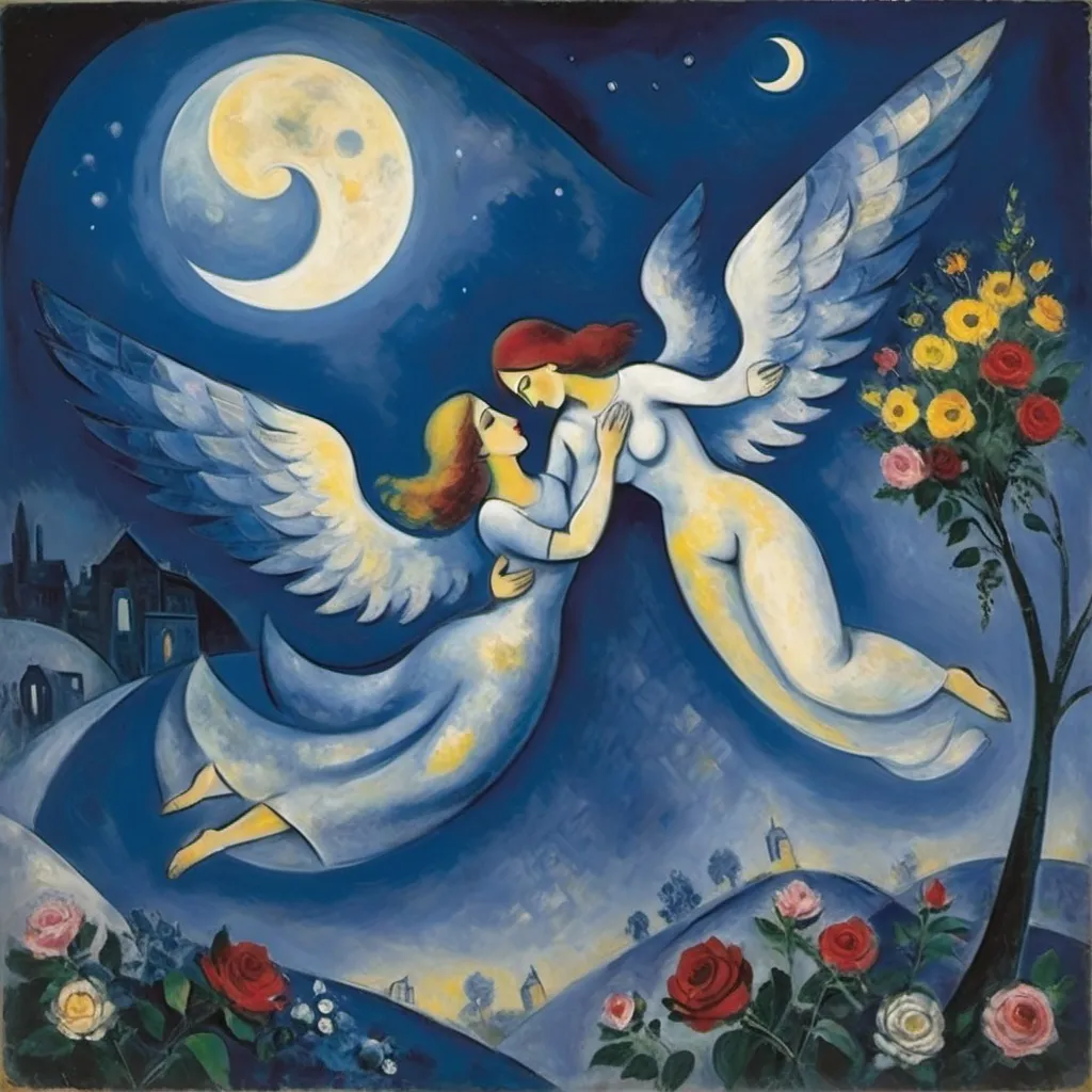 Prompt: Chagall cubism style. Lovers floating in moonlit, starlit sky. male offers female a bouquet wings of longing, ethereal

