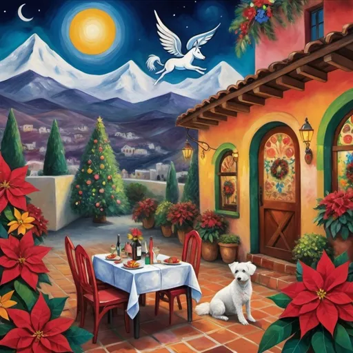 Prompt: (Chagall-inspired surreal scene), Christmas card, charming Mexican outdoor restaurant walls adorned with painted flowers, tile roof, lovers floating in the whimsical sky, graceful wings, fluffy dog, white burro with fancy hat, surrounded by vibrant flowers, virgin of Guadalupe, poinsettia, wreath, majestic avocado tree in front, enchanting magical , Christmas tree, Christmas lights, Mexican style, atmosphere, dreamy mountains in the background, swirly dark moonlight sky, (vivid colors), (4K, ultra-detailed), (cubist, whimsical).