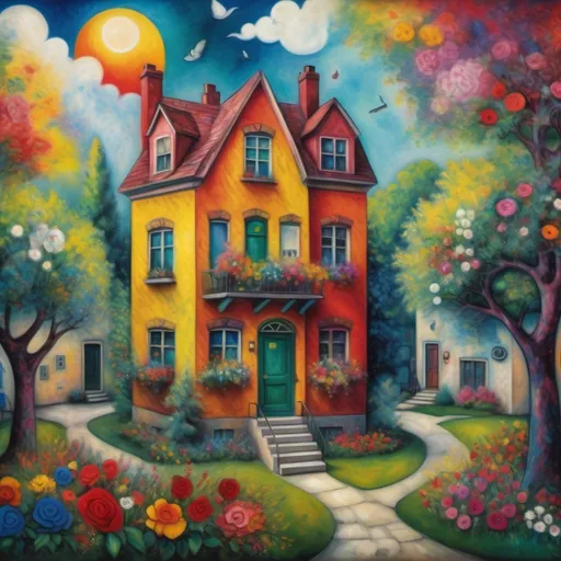 Prompt: (Marc Chagall style surreal) painting, (primitive expressionist) aesthetic, Chicago , IL style single three flat apartment building, surrounded by vibrant trees and colorful flowers, whimsical magical sky, radiant sun, enchanting atmosphere, charming cat lounging, harmoniously blended colors, dreamy composition, ultra-detailed, high quality 4K.