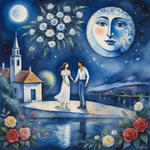 Prompt: (Painting in playful and primitive Chagall surrealist style), a couple, lovers floating in night sky above Ajijic village (milky moon, watercolor romantic scene, serene water below, vibrant flowers , male offers woman beautifully arranged bouquet, whimsical and dreamy atmosphere, cool tones of blue and white, soft glowing lights,impressionistic, soft colors, swirly enchanting night sky, infused with magic and love.