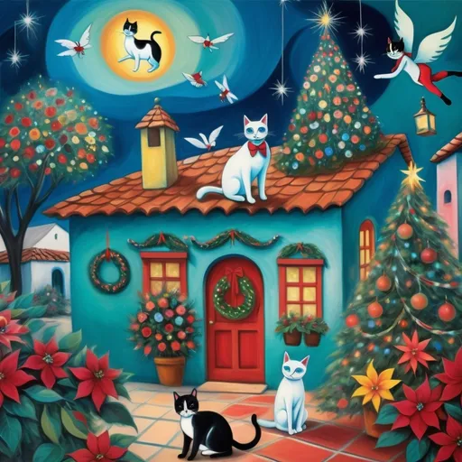 Prompt: (Chagall-inspired surreal scene), Christmas card, Christmas scene, Sparkling Lights, swirling sky charming turquoise Mexican casita, walls adorned with painted flowers, tile roof, lovers floating in the whimsical sky, graceful wings, surrounded by vibrant flowers, tuxedo cat, poinsettia, Christmas tree,wreath, majestic avocado tree in front, enchanting magical , Christmas tree, Christmas lights, angels, Mexican style, atmosphere, dreamy mountains in the background, swirly dark moonlight sky, (vivid colors), (4K, ultra-detailed), (cubist, whimsical).