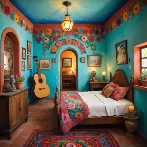 Prompt: (Marc Chagall inspired painting (cubist primitive 
surrealism style), charming Mexican casita bedroom, painted flowers on white walls, arched windows,, turquoise bedspread, Mexican textiles, whimsical ambiance, tile roof, turquoise floral armoire, glowing, delicate wings, bright flowers, playful cats, large avocado tree, enchanting atmosphere, lace curtains tuxedo cat, Freida Kahlo influences, guitar, angel, mountains, candles, cozy pillows, ultra-detailed, magical charm, artistic masterpiece.