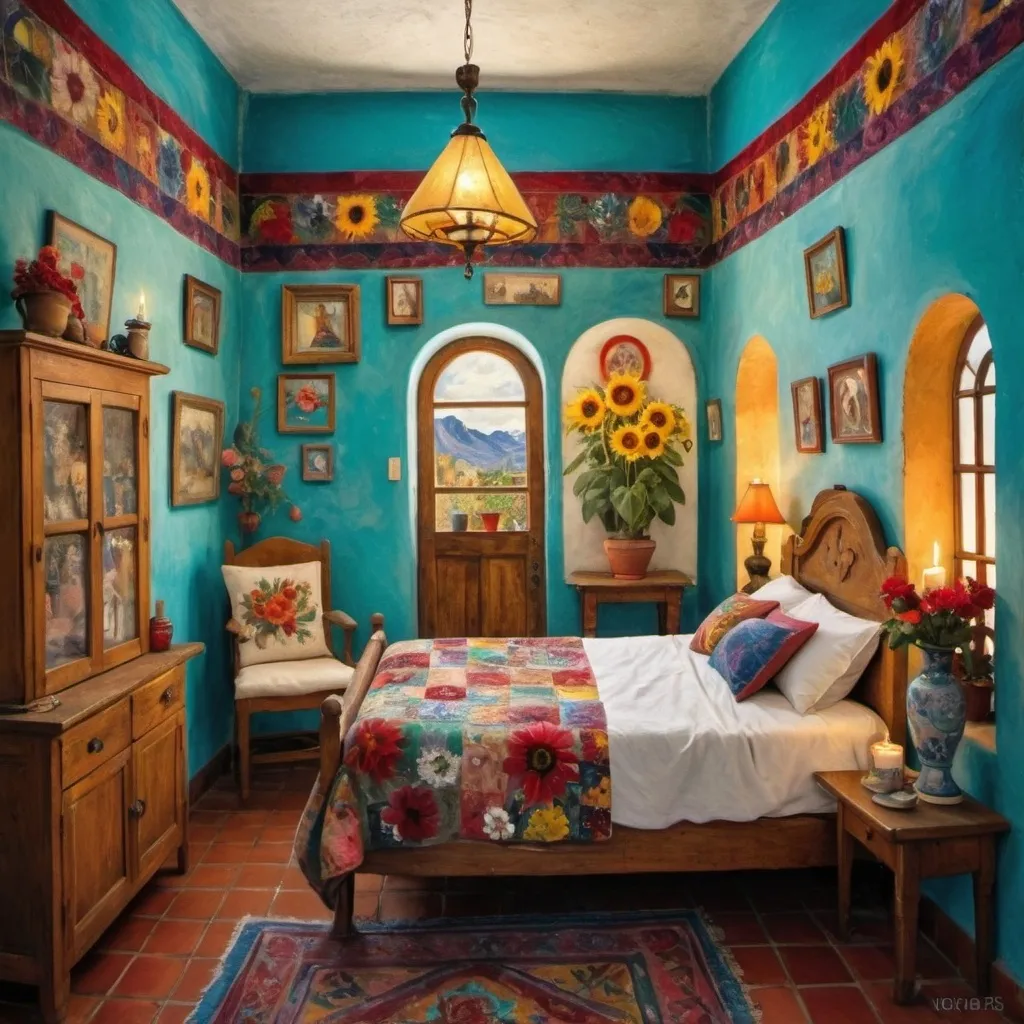 Prompt: (Marc Chagall painting cubist primitive 
surrealism style charming Mexican casita bedroom, Mexican Christmas, virgin of Guadalupe,  painted flowers, white walls, arched windows,, turquoise bedspread, Mexican textiles, whimsical ambiance, tile roof, turquoise armoire with painted flowers, glowing, delicate wings, bright flowers, playful cats, enchanting atmosphere, poinsettias, magical, sunflowers, lace curtains, harlequin  tuxedo cat, Freida Kahlo influences, guitar, angel, mountains, candles, cozy pillows, ultra-detailed, magical charm, artistic masterpiece.