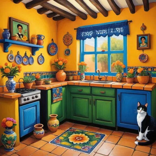 Prompt: Primitive style painting of Mexican casita kitchen), vibrant bright yellow walls, (traditional blue and green cupboards), colorful flowers in various vases, (decorative Talavera tiles), two adorable cats (furry tuxedo cat and an orange cat), (delicate lace curtains), cozy round table with a floral pattern, inspired by (Frida Kahlo's artistic style), warm and cheerful ambiance, (ultra-detailed), reminiscent of a serene Mexican home.