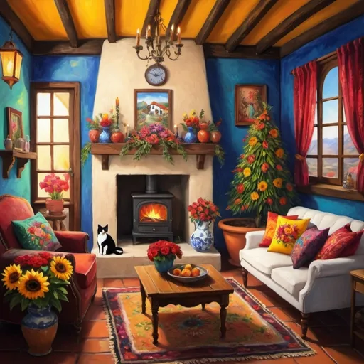 Prompt: (Painting of Mexican Casita interior), small quaint cozy cottage living room, (chimney fireplace with fire), beautiful flowers, lace curtains, arched windows, tuxedo cat, white sofa with colorful pillows, flower-patterned armchair, poinsettias, sunflowers, Christmas tree, wreath, garland, glowing, magical, Talavera ceramics, bright sunshine filtering in, birds nearby, (surrealist whimsical expressionist painting style), inspired by Frida Kahlo and Marc Chagall, vibrant colors, detailed textures, (4K ultra-detailed ambience), cozy and eclectic atmosphere.