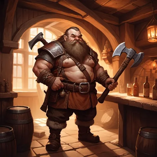 Prompt: dwarf character holding an axe in a tavern , fantasy character art, illustration, dnd, warm tone