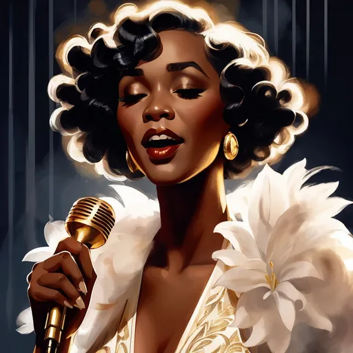 Prompt: A soulful black jazz singer, dressed in a luxurious 1920s style white dress, gold jewelry and a white lily in her fingerwaved hair, stands confidently center stage at the microphone, her voice pouring out like honey as she sings her heart out in a dimly lit, smoke-filled club, the air thick with the scent of cigarette smoke and whiskey, reminiscent of the iconic styles of Erté, Gustav Klimt, and Hopper, with bold, expressive brushstrokes and a muted, film noir-inspired color palette. The overall style is reminiscent of vintage art deco illustrations, enhancing the timeless elegance of their romance.