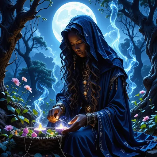 Prompt: In a mystical twilight setting, a beautiful black witch, draped in flowing celestial blue robes adorned with intricate silver runes that complements her radiant deep brown skin, gracefully tends to her enchanting witch garden. The air is thick with the scent of herbs and blooming nocturnal flowers, their petals shimmering under the soft glow of a crescent moon. Wisps of ethereal mist curl around her as she gently gathers glistening herbs and luminous crystals, their colors vibrant against the deep indigo sky. Her expressive face, framed by cascading, dark curls, displays a serene yet determined aura, hinting at the power she wields. In the background, ancient trees bend slightly, as though paying homage to her presence. The atmosphere is imbued with a sense of magic and quiet reverence, rendered in cinematic lighting and rich, vibrant colors that capture the enchanting essence of her world.