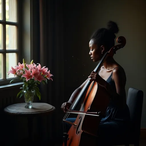 Prompt: In a very dark room a young, beautiful black woman wearing a dark blue satin dress with thin straps and an elegant hairstyle sitting on a chair playing the cello. Next to her on a round table there is a vase with a bouquet of pink lilies. The dim gold light from a window softly illuminates her casting a moody atmosphere. Dust particles float in the air adding to the ethereal ambiance