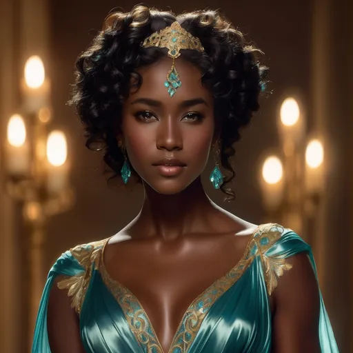 Prompt: An aqua and teal Regency era gown with gold embroidery and trim graces the body of a 36 year old woman with an ethereal beauty of radiant black skin, long luxurious black curly mane 