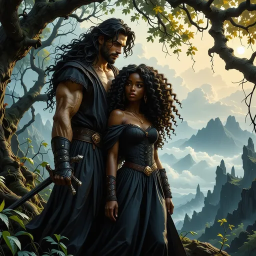 Prompt: In a mystical world, a tall rugged handsome white man with long black hair and beard and deep blue eyes prowls forward with sword in hand as he protectively leads his beautiful black lover with deep brown skin and mass of curly hair through the wilderess. 