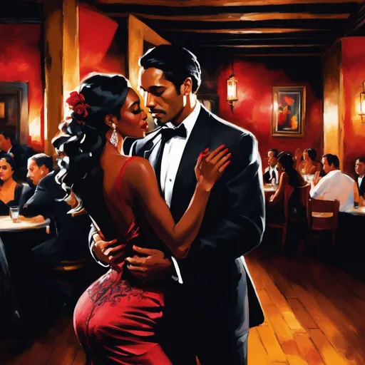 Prompt: In a dimly lit Spanish club, the atmosphere is thick with passion and rhythm. Soft, flickering candlelight dances across the rustic wooden tables and walls adorned with vibrant flamenco art. A suave Latino man, dressed in a tailored black suit, exudes charm as he gracefully leads his beautiful black partner, who is draped in a flowing crimson dress that swirls around her like flames. Their eyes lock in a captivating gaze, showcasing a deep connection. The room pulses with warm golden hues and shadows, some patrons captivated by the couple's electric tango as they move seamlessly across the gleaming dance floor. This romantic scene comes to life in a cinematic, photorealistic style, capturing the intensity and elegance of their dance amidst an enticing backdrop of Spanish culture.