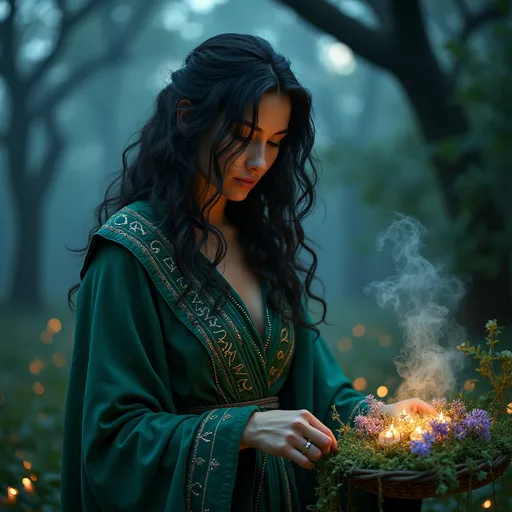 Prompt: A beautiful black witch is harvesting her witch garden.