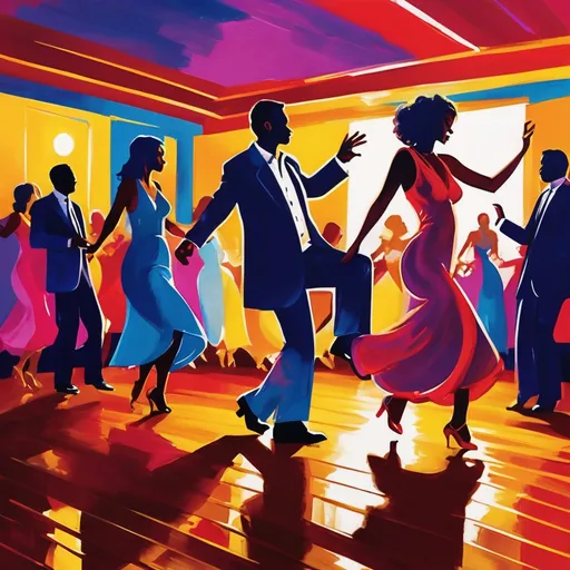 Prompt: Couples dancing in a Latin dance club. Women wearing dresses of different colors.