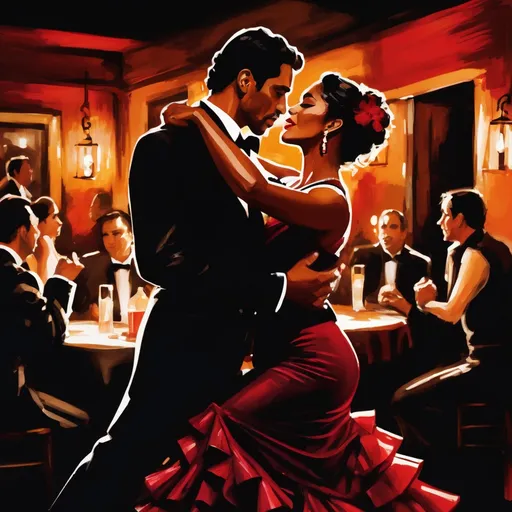 Prompt: In a dimly lit Spanish club, the atmosphere is thick with passion and rhythm. Soft, flickering candlelight dances across the rustic wooden tables and walls adorned with vibrant flamenco art. A suave Latino man, dressed in a tailored black suit, exudes charm as he gracefully leads his beautiful black partner, who is draped in a flowing crimson dress that swirls around her like flames. Their eyes lock in a captivating gaze, showcasing a deep connection. The room pulses with warm golden hues and shadows, some patrons captivated by the couple's electric tango as they move seamlessly across the gleaming dance floor. This romantic scene comes to life in a cinematic, photorealistic style, capturing the intensity and elegance of their dance amidst an enticing backdrop of Spanish culture.
