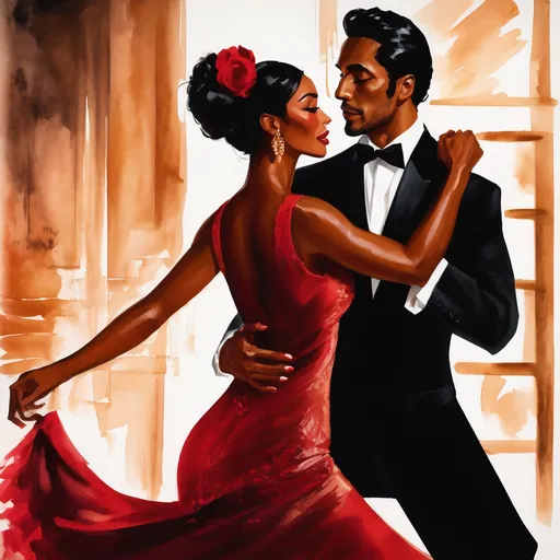 Prompt: A suave Latino man dancing the tango with his beautiful black woman in a Spanish club.