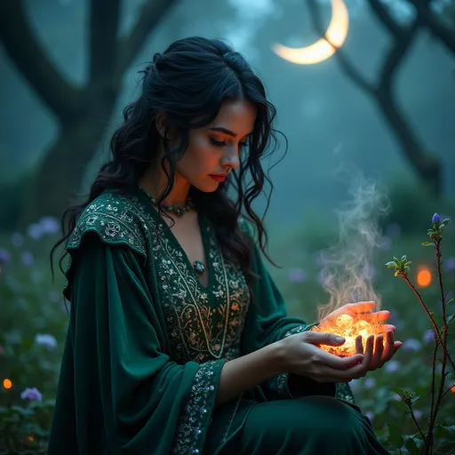 Prompt: In a mystical twilight setting, a beautiful black witch, draped in flowing emerald robes adorned with intricate silver runes, gracefully tends to her enchanting witch garden. The air is thick with the scent of herbs and blooming nocturnal flowers, their petals shimmering under the soft glow of a crescent moon. Wisps of ethereal mist curl around her as she gently gathers glistening herbs and luminous crystals, their colors vibrant against the deep indigo sky. Her expressive face, framed by cascading, dark curls, displays a serene yet determined aura, hinting at the power she wields. In the background, ancient trees bend slightly, as though paying homage to her presence. The atmosphere is imbued with a sense of magic and quiet reverence, rendered in cinematic lighting and rich, vibrant colors that capture the enchanting essence of her world.