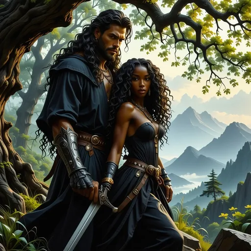 Prompt: In a mystical world, a tall rugged handsome white man with long black hair and beard and deep blue eyes prowls forward with sword in hand as he protectively leads his beautiful black lover with deep brown skin and mass of curly hair through the wilderess. 