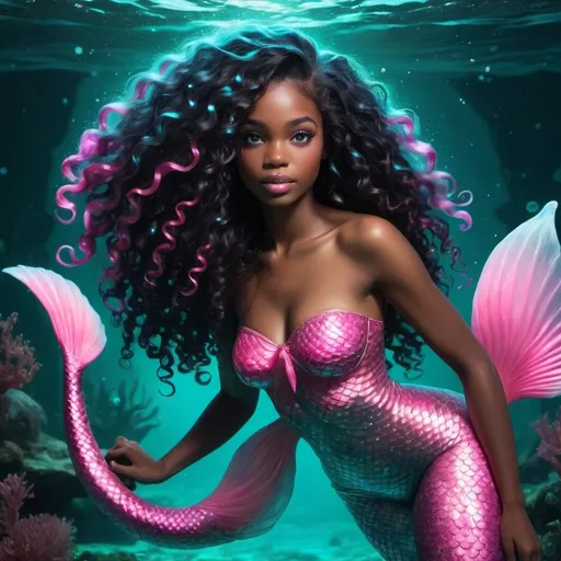 Prompt: Beautiful mermaid swimming in bioluminescent waters. Black young woman, striking aqua eyes, luxurious curly/coily mane, shimmering pink tail