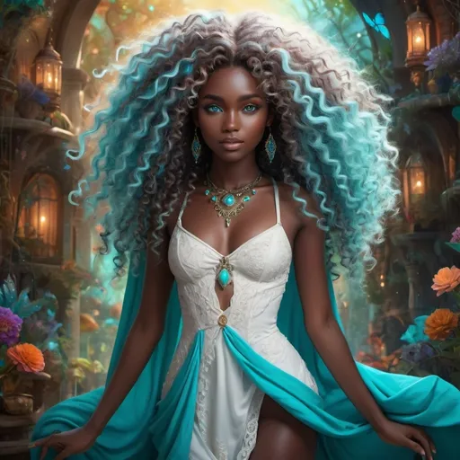 Prompt: Full body, beautiful young woman, vibrant fantasy style, dark chocolate skin, luxurious white curly/coily hair, striking turquoise eyes, magical atmosphere, enchanting light, whimsical background filled with fantastical elements, lush colors, dreamy vibe, high depth, ultra-detailed, captivating and imaginative composition.