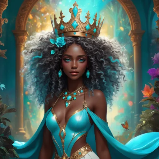 Prompt: (beautiful young black woman), vibrant fantasy style, full body, dark chocolate skin, luxurious white curly/coily hair, striking turquoise eyes, a crown, magical atmosphere, enchanting light, whimsical background filled with fantastical elements, lush colors, dreamy vibe, high depth, ultra-detailed, captivating and imaginative composition.