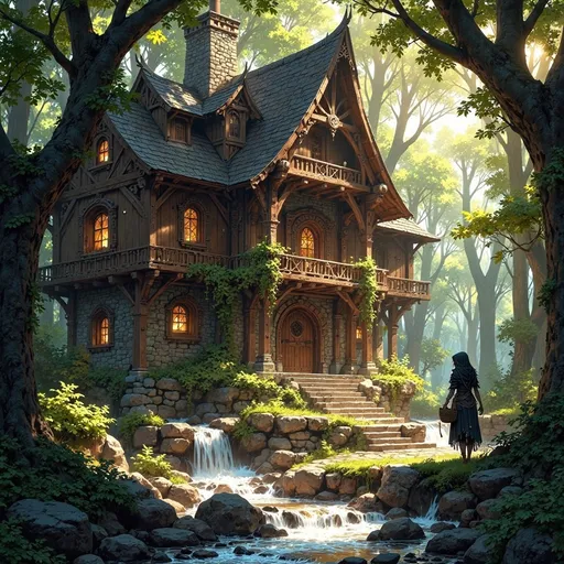 Prompt: Envision a large dwelling that emerges gracefully from the heart of an ancient forest, a masterful fusion of sturdy, dark-hewn timber and rugged, unmortared stone, nestled into a natural hollow. Alongside the swelling is a swift, crystal-clear river, its waters shimmering like polished glass as they race over smooth stones, creating the gentle sound of rushing water. Sunlight filters softly through the dense canopy above, casting ethereal patterns on the forest floor, while shafts of golden light illuminate the dwelling’s textured surfaces, enhancing the rich browns and deep grays of the wood and stone. Moss and creeping vines entwine around the structure, as if nature itself is embracing this serene sanctuary. The air is thick with the scent of damp earth and the distant sounds of rustling leaves create a gentle symphony. A young beautiful woman carries a basket on her basket, helping her parents with their garden harvest. Consider framing this enchanting scene with cinematic lighting to evoke a sense of tranquility and hidden magic.
