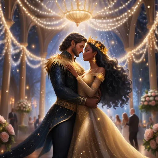 Prompt: A stunning black queen, adorned in an intricately beaded gown that shimmers like the night sky, dances gracefully with her devoted Northern King beneath a canopy of twinkling fairy lights. The atmosphere is electric, filled with warmth and joy as soft candlelight flickers around the grand hall, casting golden glows on the richly decorated walls. Surrounding them are lush floral arrangements in deep reds and purples, adding a regal touch to the scene. The queen's expression is one of serene joy, her flowing hair glowing against the gentle flames. The king, dressed in an elegant fur-lined cloak, gazes at her adoringly, their movements synchronized as if they are the very embodiment of love and unity. The scene is captured in a cinematic, romantic style, emphasizing the deep emotions of this magical moment.