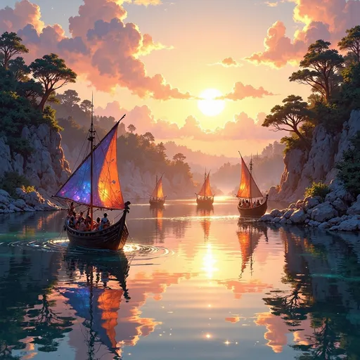 Prompt: A sprawling, tranquil river glimmers under the soft embrace of a golden sunset, casting a warm glow over a caravan of elegantly crafted boats drifting on its surface. Silhouettes of lush greenery line the banks, swaying gently in the evening breeze, while the sky awakens with streaks of pastel pink and orange. Each boat, adorned with colorful sails fluttering like whimsical flags, carries a sense of adventure and camaraderie among its crew—faces filled with hope, laughter, and shared stories. Wisps of mist rise from the water, creating an ethereal touch as the sound of gentle ripples whispers secrets of the river. The scene radiates a serene atmosphere, evoking a feeling of peaceful journeying into the horizon. Suggested style: dreamy watercolor illustration.