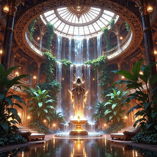 Prompt: Afro-futurism hotel lobby with biophilic waterfall, rich African cultural symbolism, vibrant colors, high-tech, ultra-detailed, highres, digital art, futuristic, cultural symbolism, atmospheric lighting, biophilic waterfall, vibrant colors, professional, African symbolism, high-tech, vibrant atmosphere, lush greenery, intricate cultural details, futuristic architecture