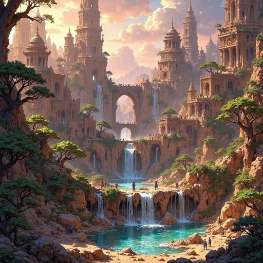 Prompt: Big kingdom, large desert oasis, water spring, waterfalls, trees, greenry, dramatic fantasy settlement scene, cinematic lighting