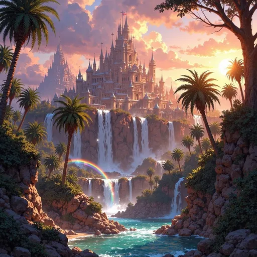 Prompt: A grand kingdom rises majestically on the horizon, nestled around a sprawling oasis within a vast, golden desert. The shimmering water spring cascades over natural rock formations, creating a series of stunning waterfalls that catch the light of the setting sun, casting rainbows through the mist. Lush greenery, including tall palm trees and vibrant flora, flourishes around the water, contrasting dramatically with the arid sands beyond. The cinematic lighting bathes the scene in warm hues of orange and deep purple, enhancing the magical atmosphere. In the distance, intricately designed towers and fortifications of the kingdom soar towards the sky, with silken banners fluttering gently in the cool evening breeze, evoking a sense of wonder and adventure in this fantasy settlement. 