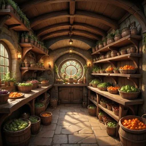 Prompt: small settlement, dramatic fantasy settlement scene, cinematic lighting, Hobbit food pantry, fantasy, variety of food, herbs hanging, barrels of wine and mead, large size pantry, slabs of meat hanging, 