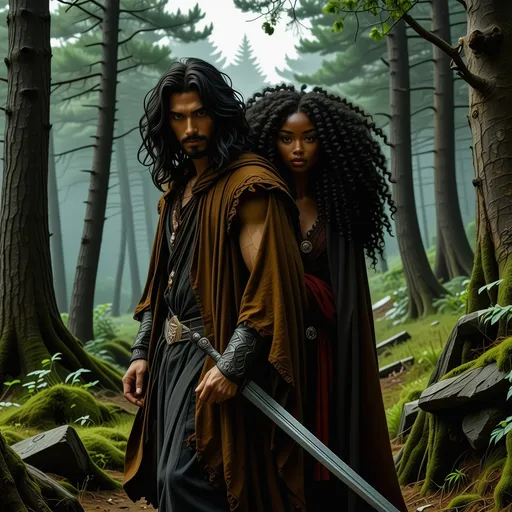 Prompt: In a mystical world, a tall rugged handsome man with long black hair and beard and deep blue eyes prowls forward with sword in hand as he leads his beautiful black lover with deep brown skin and mass of curly hair through the wilderess. Both wearing cloaks adorned with earthy tones that blend harmoniously with the surroundings