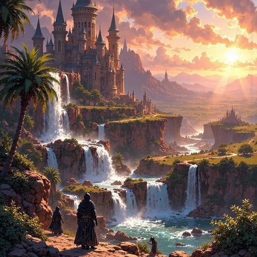 Prompt: Big kingdom, large desert oasis, water spring, waterfalls, trees, greenry, dramatic fantasy settlement scene, cinematic lighting