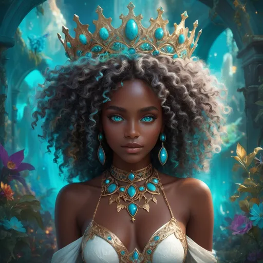 Prompt: (beautiful young black woman), vibrant fantasy style, full body, dark chocolate skin, luxurious white curly/coily hair, striking turquoise eyes, a crown, magical atmosphere, enchanting light, whimsical background filled with fantastical elements, lush colors, dreamy vibe, high depth, ultra-detailed, captivating and imaginative composition.