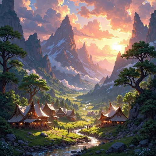Prompt: A sprawling large camp comes alive amidst lush, vibrant greenery, where a soft, ethereal fog weaves through the towering trees and blankets the ground. Majestic mountains loom in the background, their peaks kissed by a dramatic sunlight breaking through swirling clouds, casting an enchanting glow over the scene. A winding river snakes through the camp, its waters shimmering with reflections of the fiery sky, where hues of orange and deep purple dance together. Brightly colored tents dotted throughout the camp buzz with life, villagers in traditional attire are seen engaging in animated conversation. The entire scene is enveloped in a cinematic lighting, emphasizing the grandeur and fantasy essence of this settlement, inviting viewers to explore its wonders in a breathtaking wide aspect ratio.