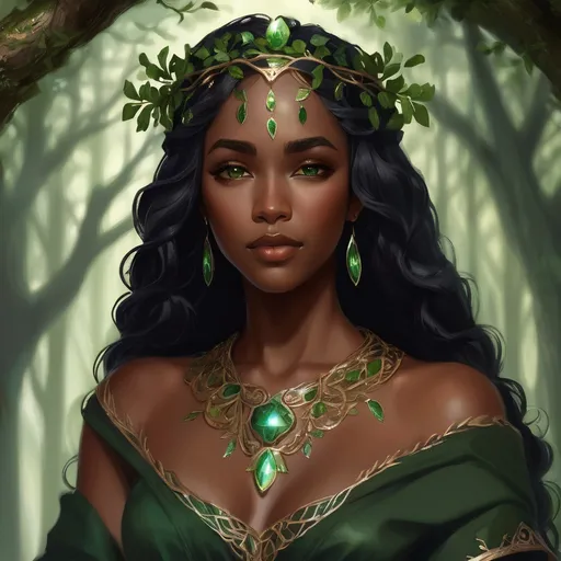 Prompt: A beautiful black woman with green eyes wore a gown of deep forest green, simple in cut but intricately embroidered with symbols of growing things – winding vines, delicate moonpetal, and the majestic Eldorian oak. Her crown was a **delicate, interwoven circlet of polished Eldorian bronze**, shaped like twin branches reaching skyward, adorned with a single, clear river stone at its fore. pre-Raphaelite time-lapse motion blur, High resolution, detailed portrait, ethereal atmosphere,  black curly hair, dark brown skin, red lips, captivating eyes, cosmic mystical aura, vibrant colors, soft lighting, professional, digital painting, enchanting presence, fantasy, dreamy, female, mystical, detailed hair, captivating gaze, professional lighting, hyper realistic, HD 4k 3D, professional modeling, ethereal, gorgeous face, ambient divine glow, detailed and intricate, elegant, ethereal, mythical, goddess, radiant lighting,
