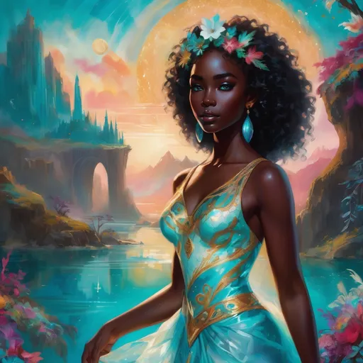 Prompt: A stunning young Black woman with an ethereal face of dark chocolate skin and luxurious white curly, coily hair stands gracefully amidst a vibrant fantasy landscape. Her striking turquoise eyes shimmer with enchantment, reflecting a soft, magical glow. She is depicted in full body  wearing a white and turquoise gown with gold embroidery, surrounded by whimsical, fantastical elements such as glowing flora, shimmering crystals, and floating orbs, all bathed in enchanting, luminous light. The scene exudes a dreamy, otherworldly atmosphere with lush, saturated colors, intricate details, and a sense of high depth, creating a captivating and imaginative composition. Style inspired by dreamy watercolor illustrations with cinematic lighting, photorealistic details, and a whimsical, magical vibe.