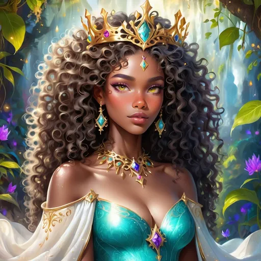 Prompt: (beautiful young black woman), vibrant fantasy style, full body, dark chocolate skin, luxurious white curly/coily hair, striking gold eyes, a crown, magical atmosphere, enchanting light, whimsical background filled with fantastical elements, lush colors, dreamy vibe, high depth, ultra-detailed, captivating and imaginative composition.