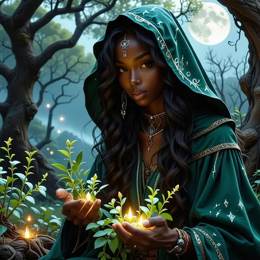 Prompt: In a mystical twilight setting, a beautiful black witch, draped in flowing emerald robes adorned with intricate silver runes that complements her radiant deep brown skin, gracefully tends to her enchanting witch garden. The air is thick with the scent of herbs and blooming nocturnal flowers, their petals shimmering under the soft glow of a crescent moon. Wisps of ethereal mist curl around her as she gently gathers glistening herbs and luminous crystals, their colors vibrant against the deep indigo sky. Her expressive face, framed by cascading, dark curls, displays a serene yet determined aura, hinting at the power she wields. In the background, ancient trees bend slightly, as though paying homage to her presence. The atmosphere is imbued with a sense of magic and quiet reverence, rendered in cinematic lighting and rich, vibrant colors that capture the enchanting essence of her world.