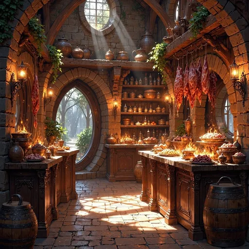 Prompt: Envision a cozy yet dramatic fantasy scene set within a large Hobbit food pantry, bathed in warm, cinematic lighting that spills through rounded windows, casting playful shadows across the stone walls. The rich aroma of fresh baked goods wafts through the air, inviting you closer. Shelves sag under the weight of various colorful cheeses, while clusters of vibrant herbs dangle from the ceiling, their leaves whispering secrets in the gentle breeze. Barrels aged to perfection brim with rich wines and honeyed meads, their wooden surfaces reflecting the flickering light of nearby lanterns. Slabs of succulent meat hang enticingly, and the pantry is alive with the bustling energy of whimsical Hobbit chefs preparing for a feast, their cheerful laughter echoing amidst the abundance. This enchanting scene captures the essence of comfort and delight, perfect for a dark fantasy concept art illustration.