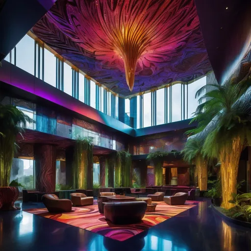 Prompt: Afro-futurism hotel lobby with biophilic waterfall, rich African cultural symbolism, vibrant colors, high-tech, ultra-detailed, highres, digital art, futuristic, cultural symbolism, atmospheric lighting, biophilic waterfall, vibrant colors, professional, African symbolism, high-tech, vibrant atmosphere, lush greenery, intricate cultural details, futuristic architecture