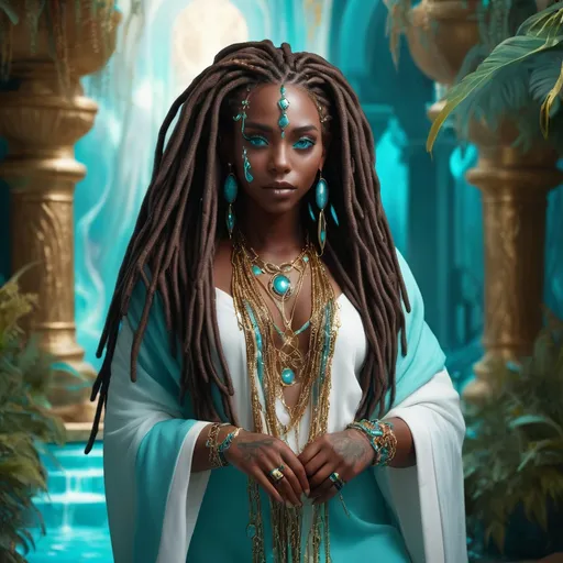 Prompt: (beautiful young black woman), vibrant fantasy style, dark chocolate skin, long luxurious black dread locs wrapped in jeweled chain, striking turquoise eyes, full body, her robes are flowing white & aqua and have gold embroidery, magical atmosphere, enchanting light, whimsical background filled with fantastical elements, lush colors, dreamy vibe, high depth, ultra-detailed, captivating and imaginative composition.