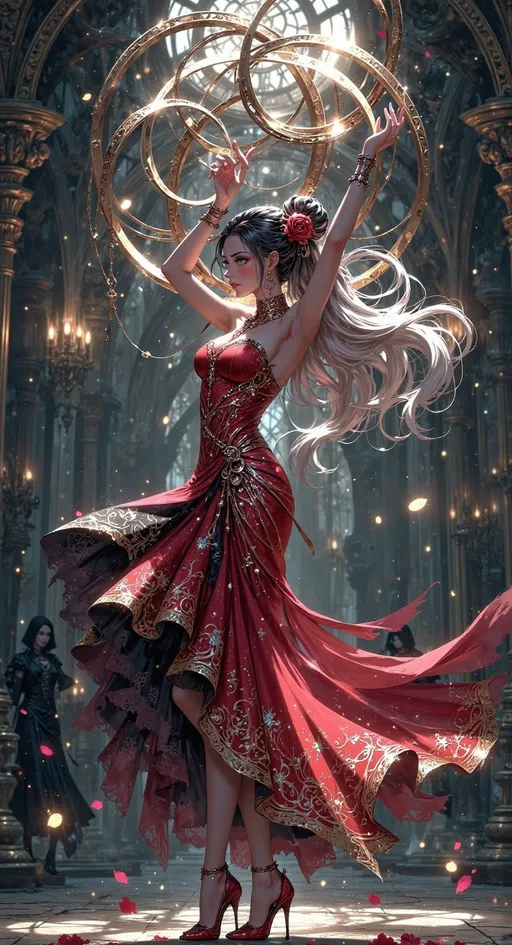 Prompt: A dancer in a stunning, flowing red gown adorned with intricate floral patterns captivates the scene, her intense expression and graceful movement exuding passion and confidence. She skillfully balances a circular tambourine above her head while her other arm is elegantly outstretched, creating a dynamic composition that draws the eye. The backdrop is softly blurred with hints of ornate architecture, suggesting an intimate indoor setting, perhaps in a historic hall. Rich, warm colors dominate the image, enhanced by dramatic lighting that highlights the shimmering details of her attire and the ethereal quality of the moment. The overall mood conveys a sense of celebration and artistry, inviting the viewer to experience the joy of dance.