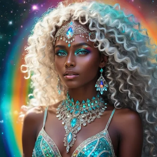 Prompt: (beautiful young woman), vibrant fantasy style, dark chocolate skin, luxurious white curly/coily hair, striking turquoise eyes. Rainbow crystal goddess, (ethereal figure), intricate crystal dress, surrounded by shimmering rainbow crystals, (glowing aura) radiating vibrant hues of light, (magical atmosphere) enchanting and uplifting, (intricate crystal details), surrounded by a celestial background, stars twinkling faintly, (vibrant colors), illuminated with soft glows, showcasing reflections and refractions of light, (highly detailed), spellbinding expression of grace and beauty.